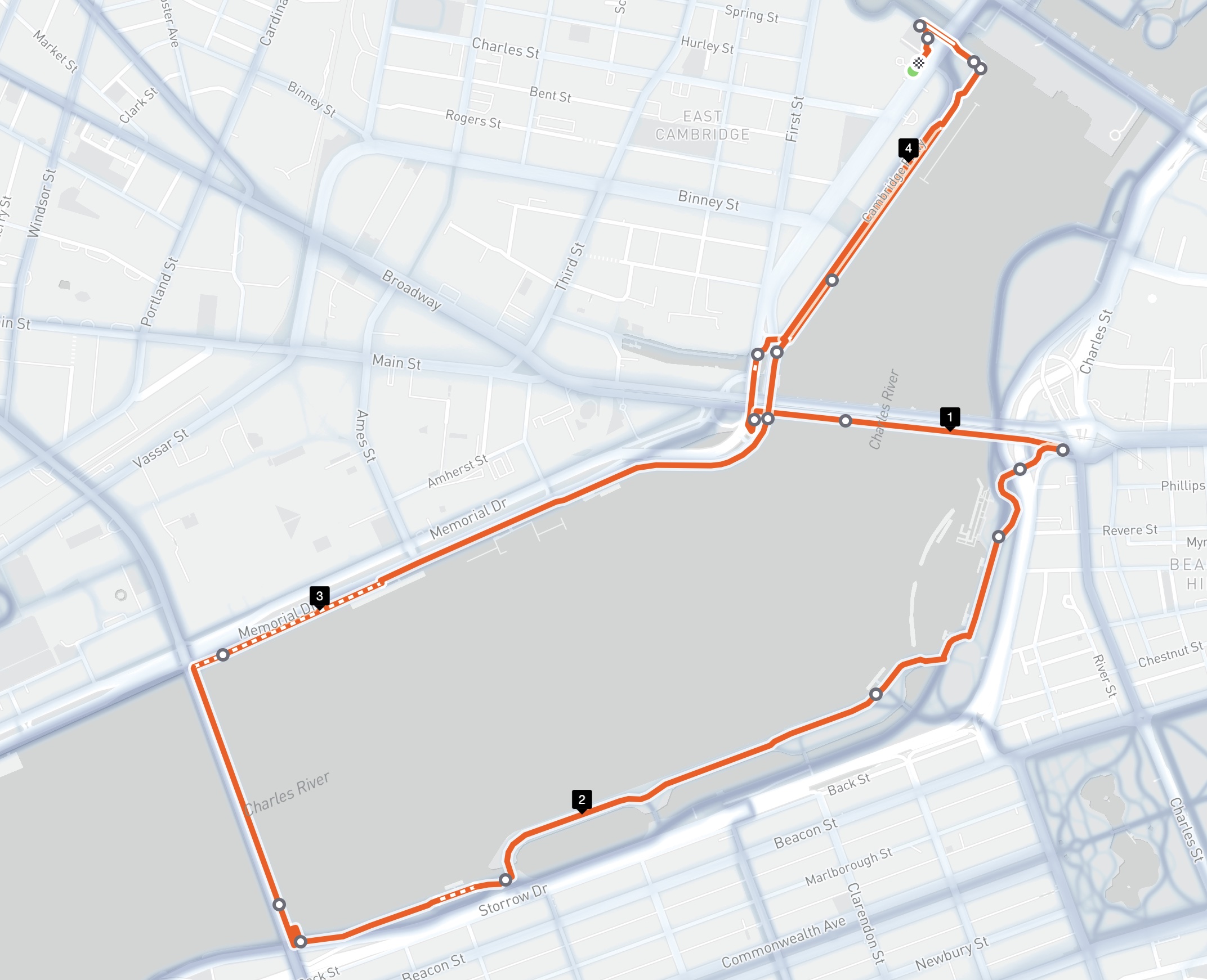 4 mile loop with great views of Boston and Cambridge